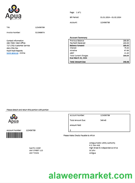 ANTIGUA AND BARBUDA APUA business utility bill Word and PDF template